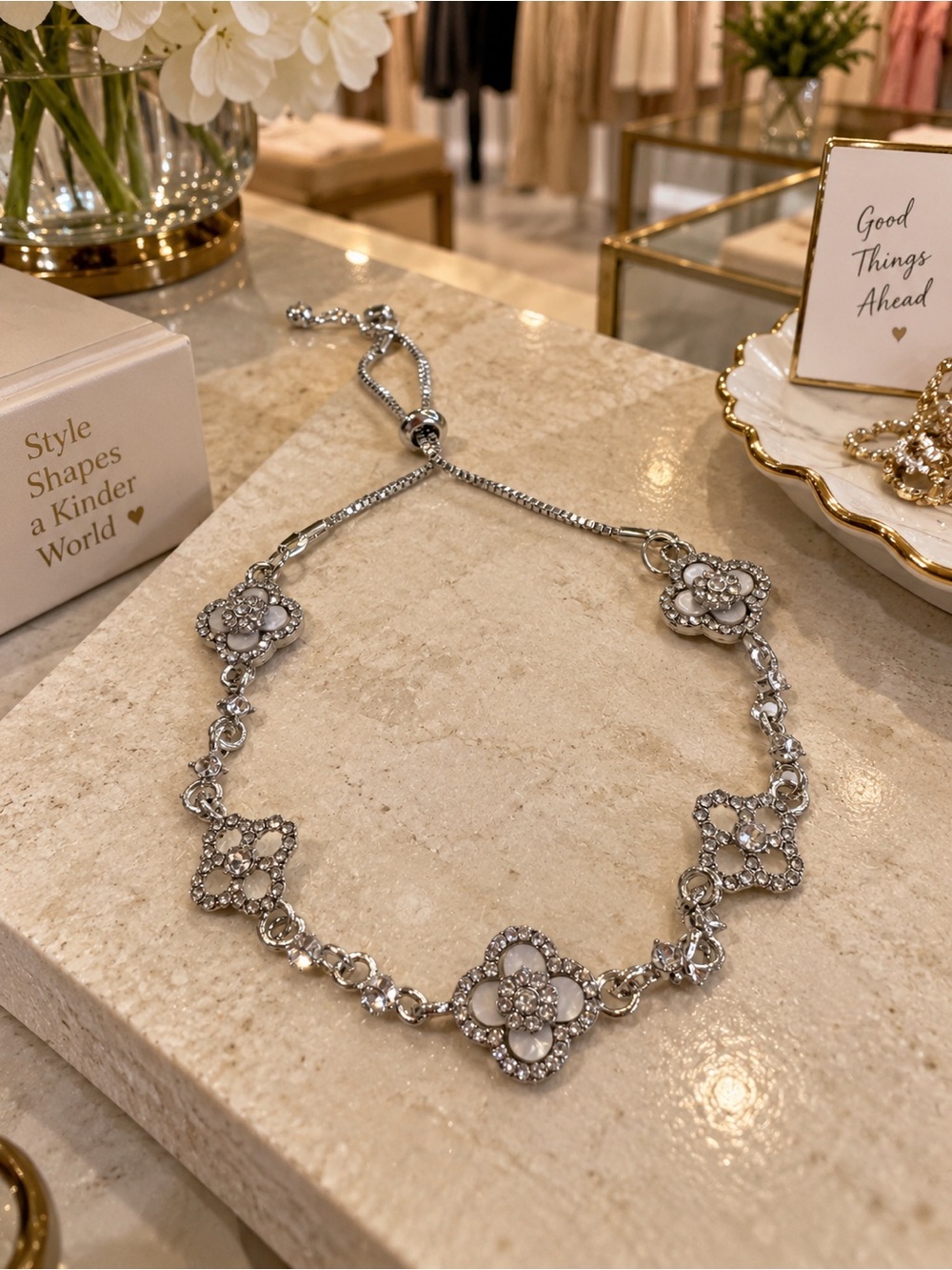 Silver Floral Sparkle Bracelet - Women's Jewelry